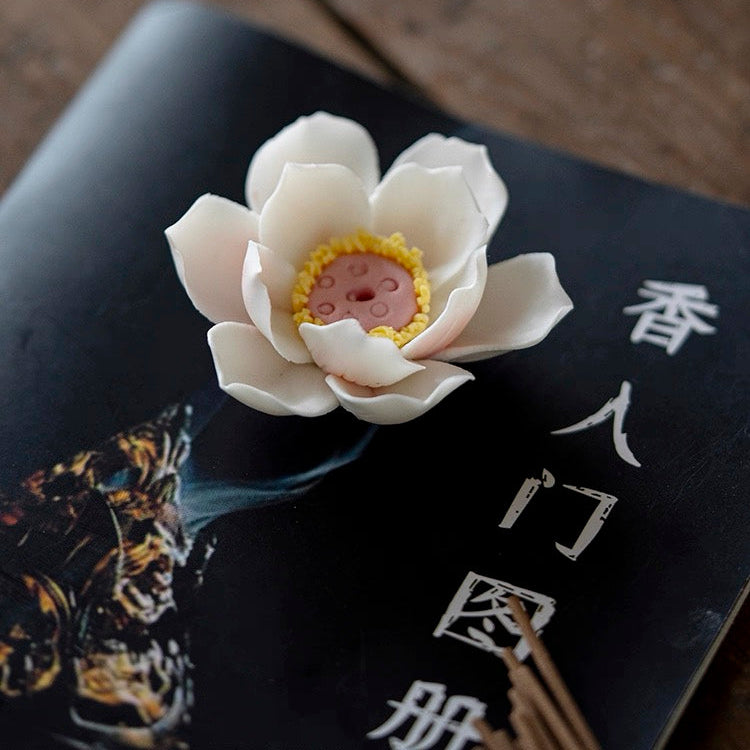 Handmade Ceramic Lotus Incense Holder – White Lotus Flower Burner for Meditation & Zen Decor