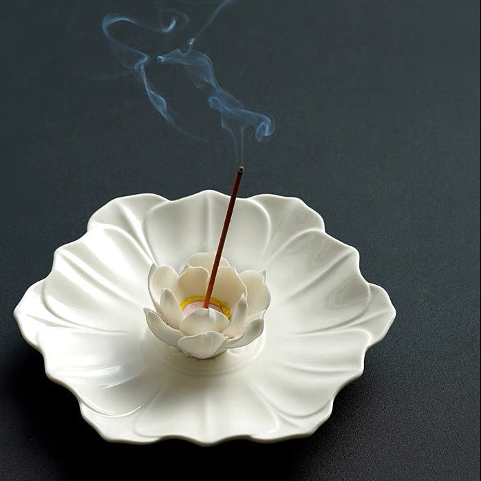 Handmade Ceramic Lotus Incense Holder – White Lotus Flower Burner for Meditation & Zen Decor
