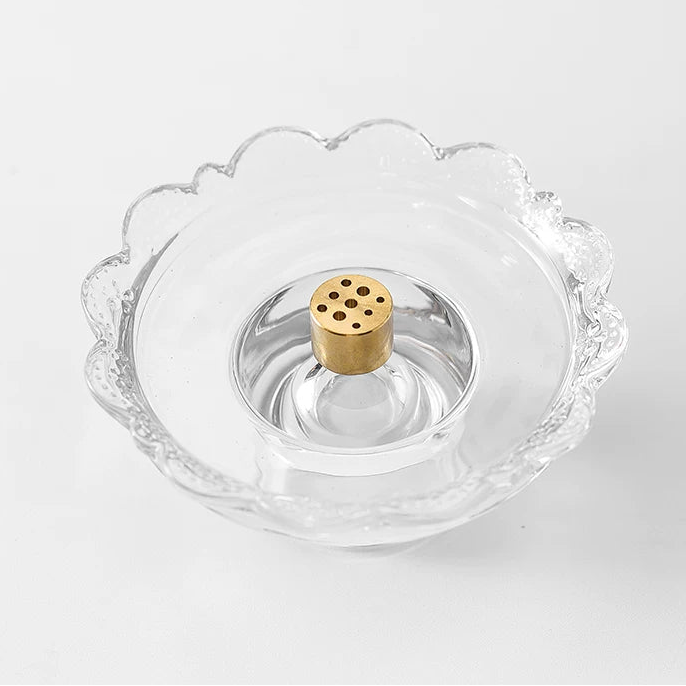 Vintage Scalloped Glass Incense Holder with 9-Hole Brass Insert