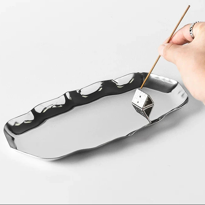 Liquid Wave Stainless Steel Incense Tray Set Mirror Polish Ash Catcher