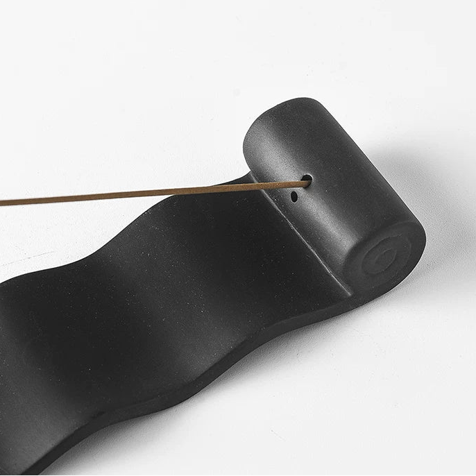 Black Wave Ceramic Incense Holder | Minimalist Scroll Burner