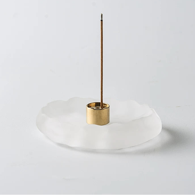 Hand-Blown Wavy Glass Incense Holder with 9-Hole Brass Insert