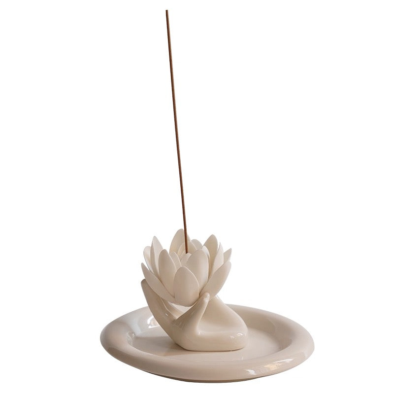 Handmade Ceramic Lotus Incense Holder Tray – White Lotus Flower Jewelry Dish & Zen Home Decor