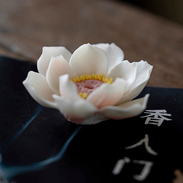 Handmade Ceramic Lotus Incense Holder – White Lotus Flower Burner for Meditation & Zen Decor