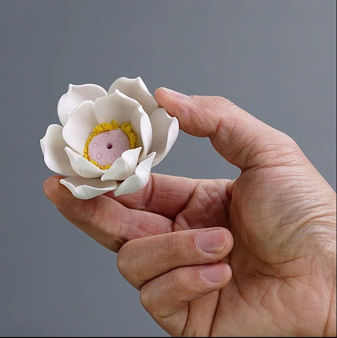 Handmade Ceramic Lotus Incense Holder – White Lotus Flower Burner for Meditation & Zen Decor
