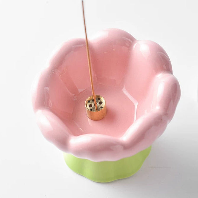 Bloom Flower Ceramic Incense Holder with 9-Hole Brass Insert