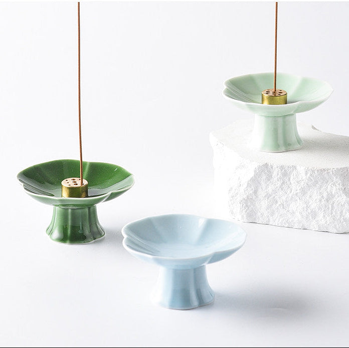 Keramik-Räucherstäbchenhalter mit Lotus-Sockel | Ascheauffangschale im Zen-Stil