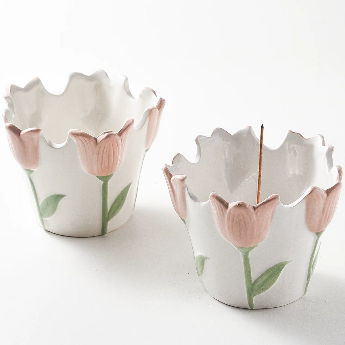 Tulip-Shaped Ceramic Incense Holder with 9-Hole Brass Insert