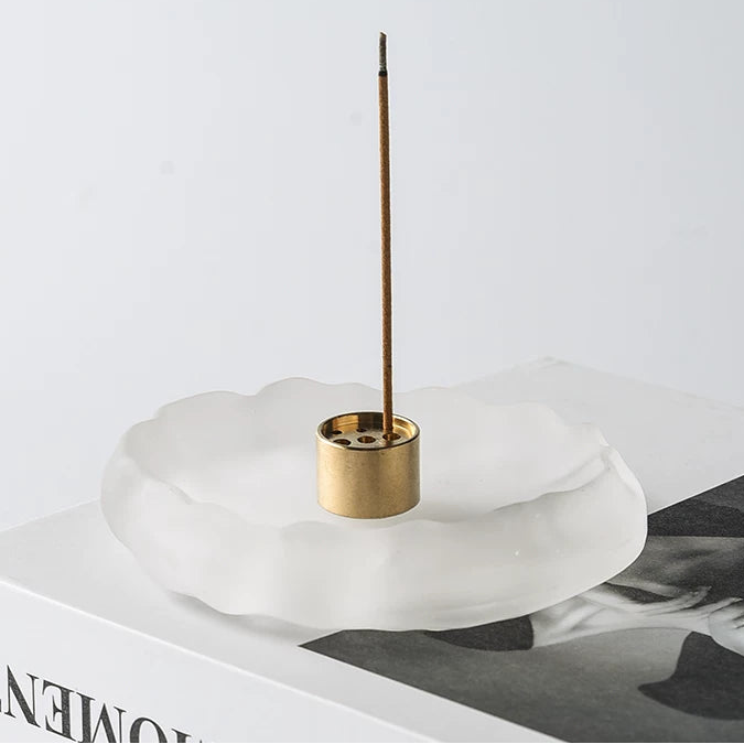 Hand-Blown Wavy Glass Incense Holder with 9-Hole Brass Insert