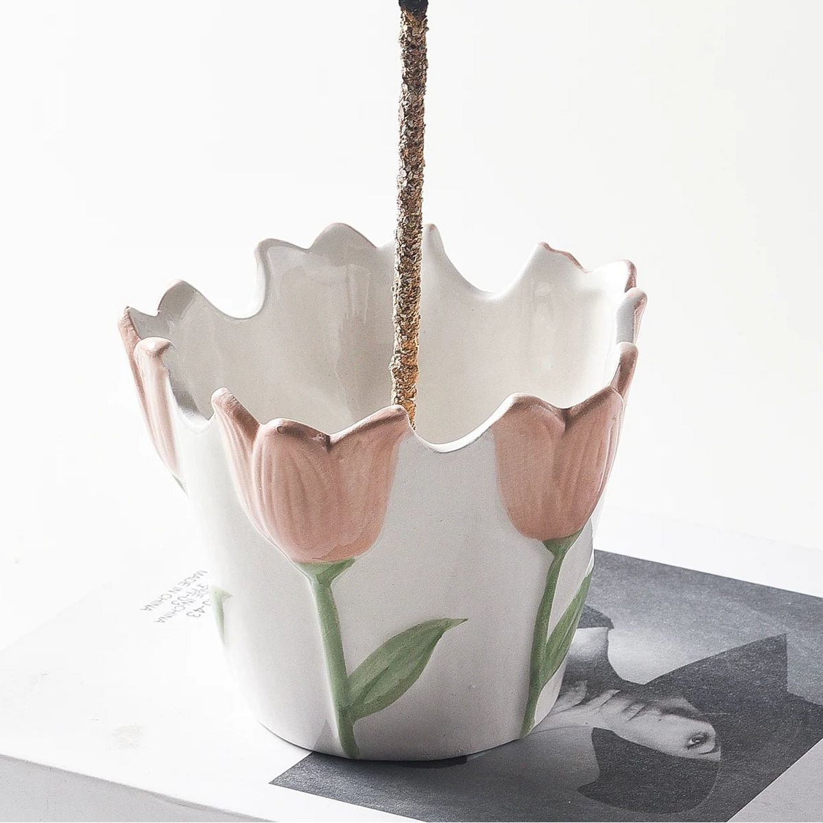 Tulip-Shaped Ceramic Incense Holder with 9-Hole Brass Insert