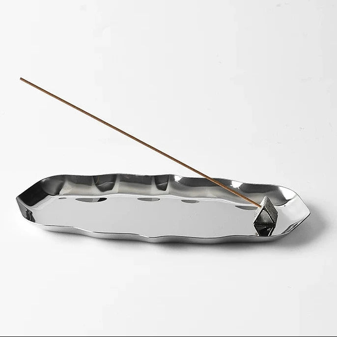 Liquid Wave Stainless Steel Incense Tray Set  Mirror Polish Ash Catcher