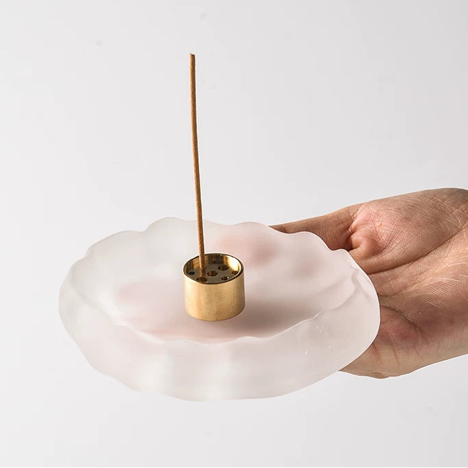 Hand-Blown Wavy Glass Incense Holder with 9-Hole Brass Insert