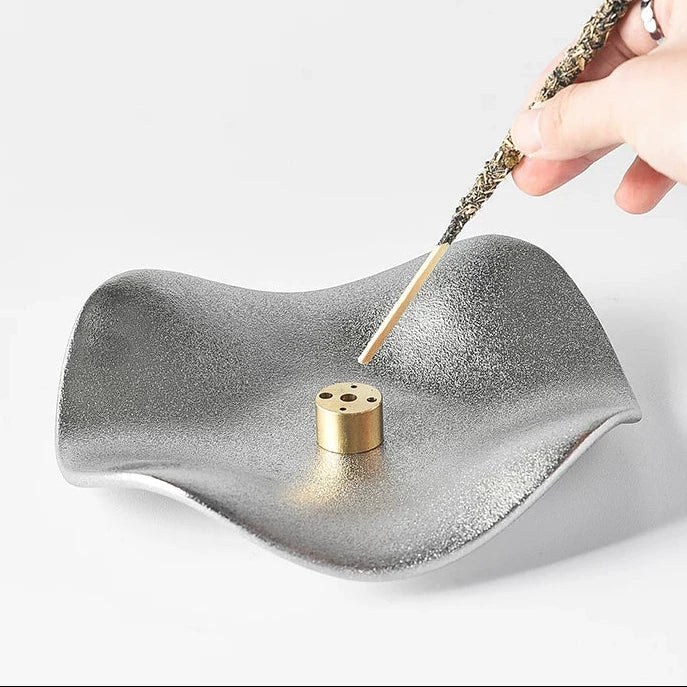 Wave Ceramic Incense Burner Dish with 5-Hole Insert  Matte Silver