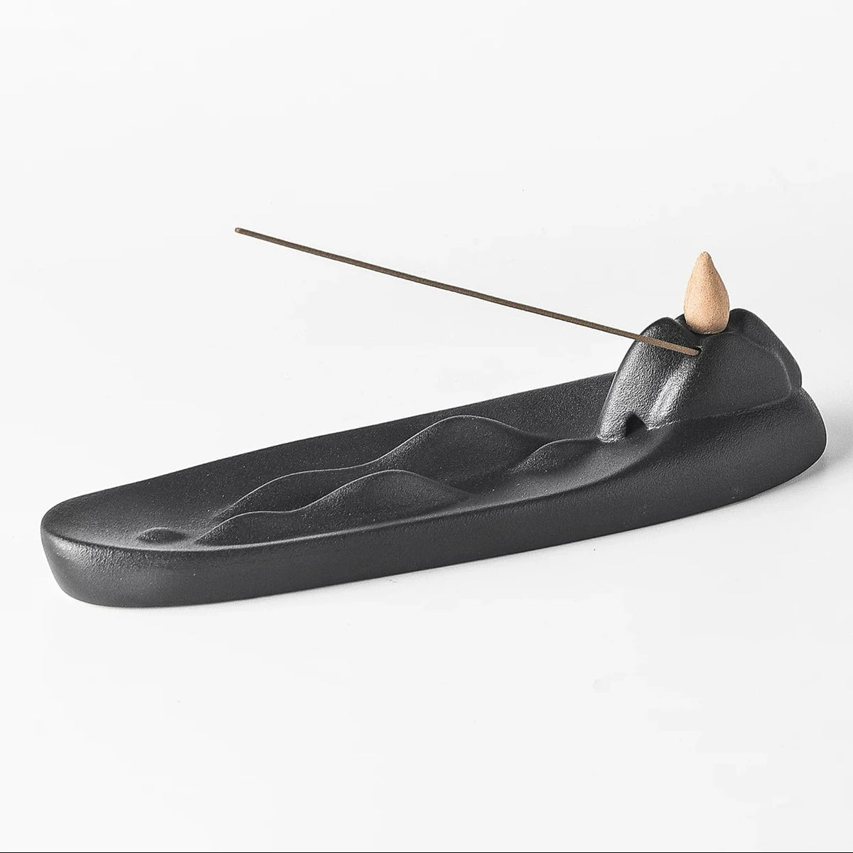 Mountain Ridge Ceramic Incense Holder  Matte Black Ash Catcher Tray