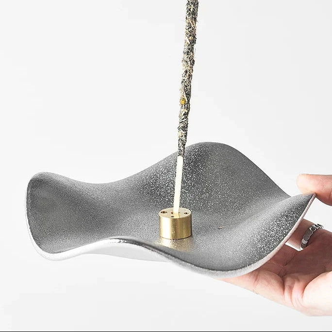 Wave Ceramic Incense Burner Dish with 5-Hole Insert  Matte Silver