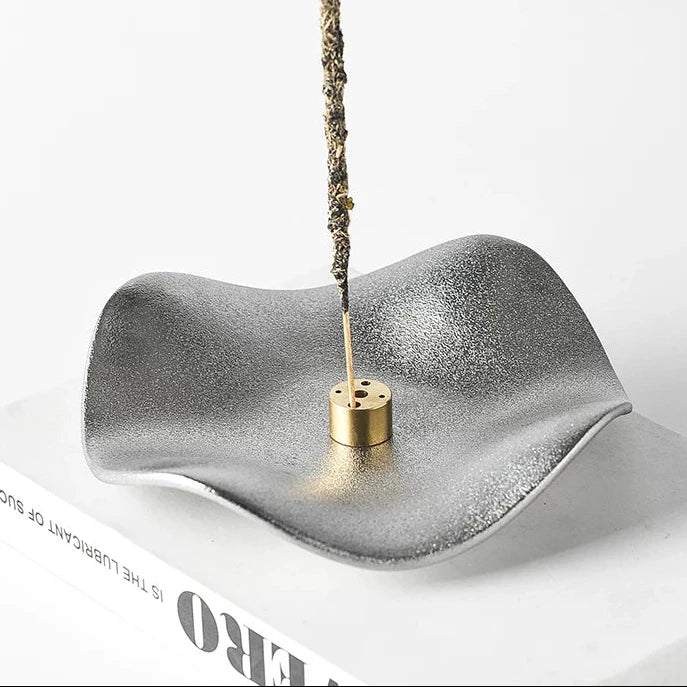 Wave Ceramic Incense Burner Dish with 5-Hole Insert  Matte Silver
