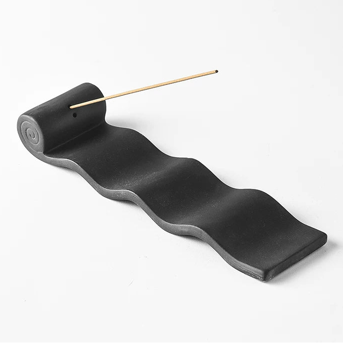 Black Wave Ceramic Incense Holder | Minimalist Scroll Burner