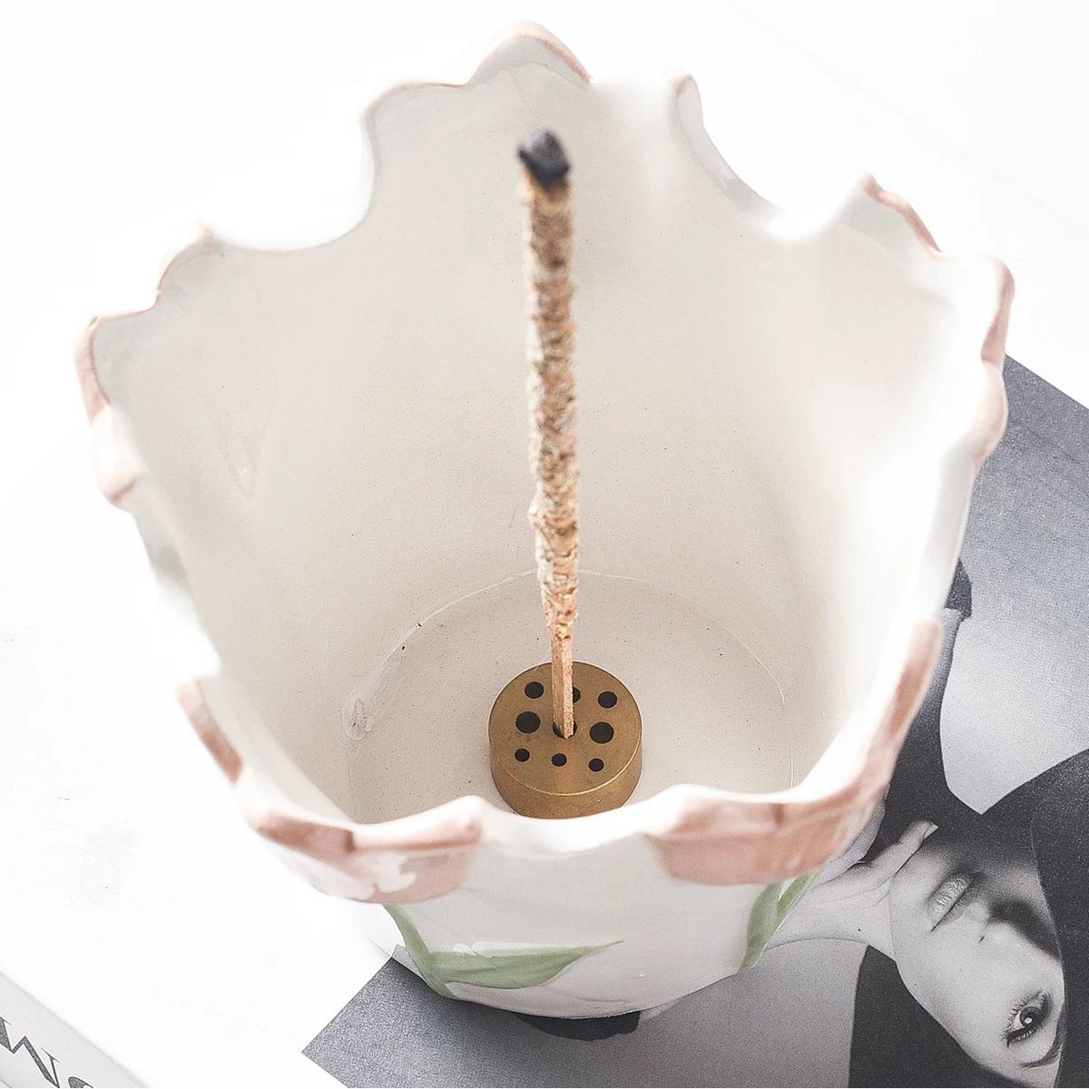 Tulip-Shaped Ceramic Incense Holder with 9-Hole Brass Insert