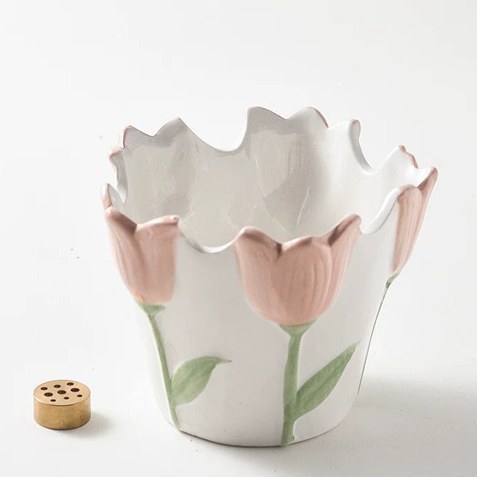 Portaincienso de cerámica en forma de tulipán con inserto de latón de 9 orificios