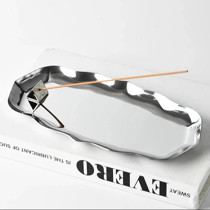 Liquid Wave Stainless Steel Incense Tray Set  Mirror Polish Ash Catcher