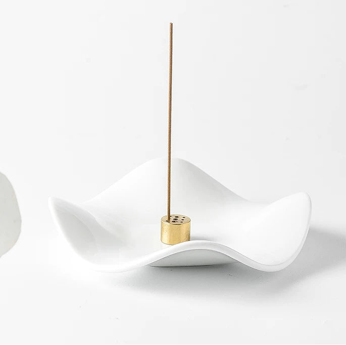 Minimalist Wave Ceramic Incense Tray with 9-Hole Brass Insert