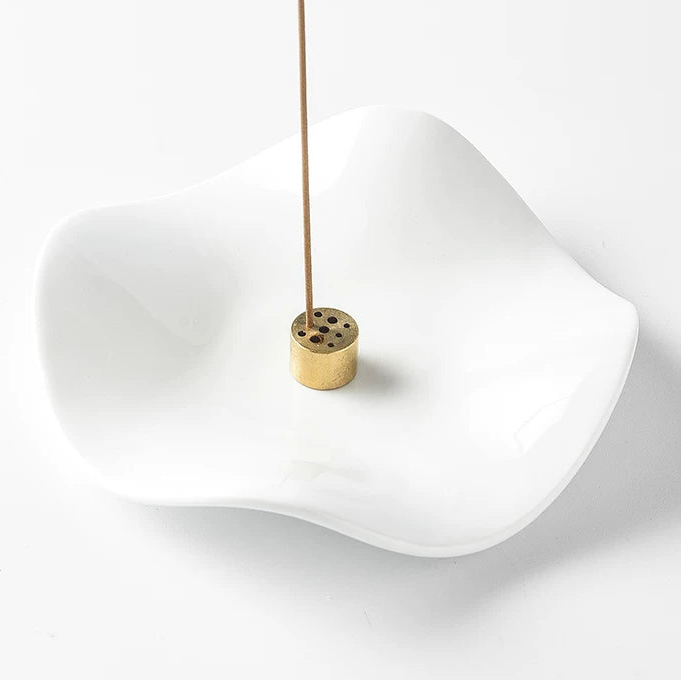 Minimalist Wave Ceramic Incense Tray with 9-Hole Brass Insert
