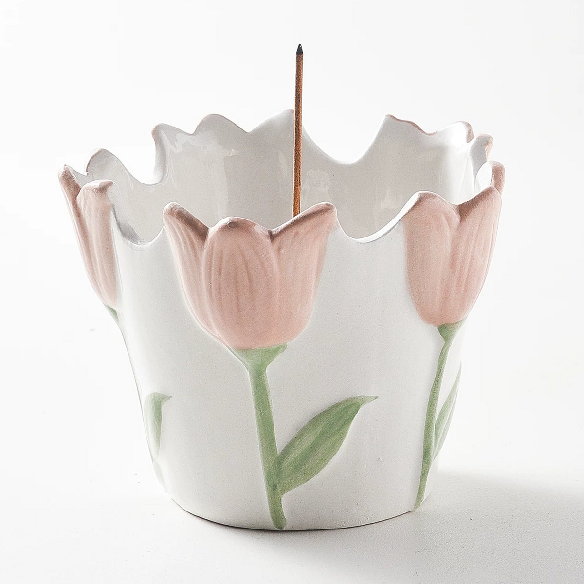 Tulip-Shaped Ceramic Incense Holder with 9-Hole Brass Insert