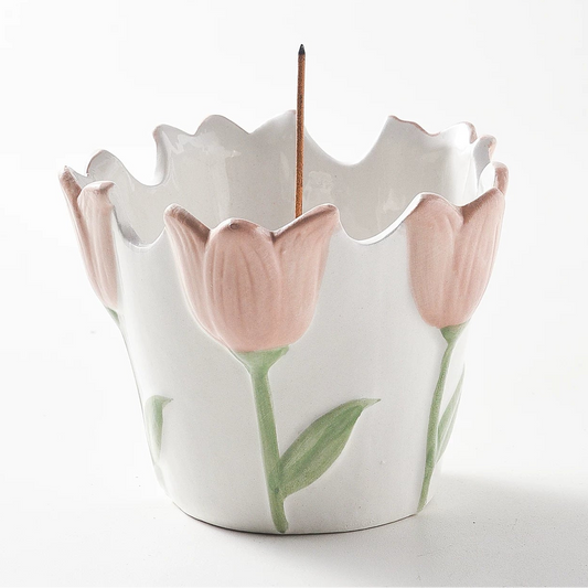 Tulip-Shaped Ceramic Incense Holder with 9-Hole Brass Insert