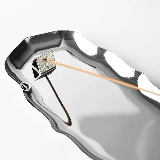 Liquid Wave Stainless Steel Incense Tray Set  Mirror Polish Ash Catcher