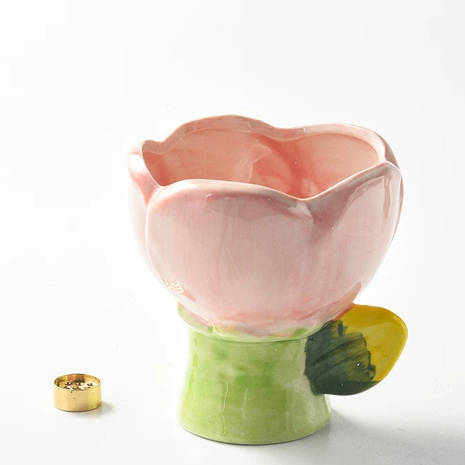 Tulip Flower Ceramic Incense Holder with Copper 9-Hole Insert