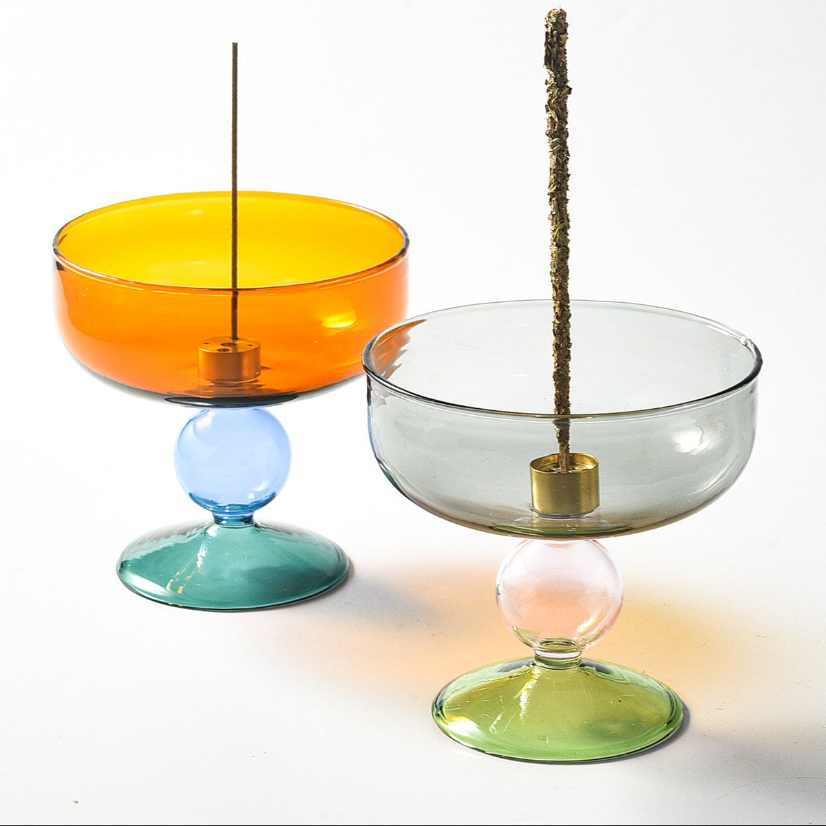 Portaincienso de vidrio retro con bloques de color | Plato para cenizas con pedestal