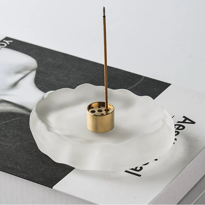Hand-Blown Wavy Glass Incense Holder with 9-Hole Brass Insert