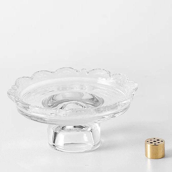 Vintage Scalloped Glass Incense Holder with 9-Hole Brass Insert
