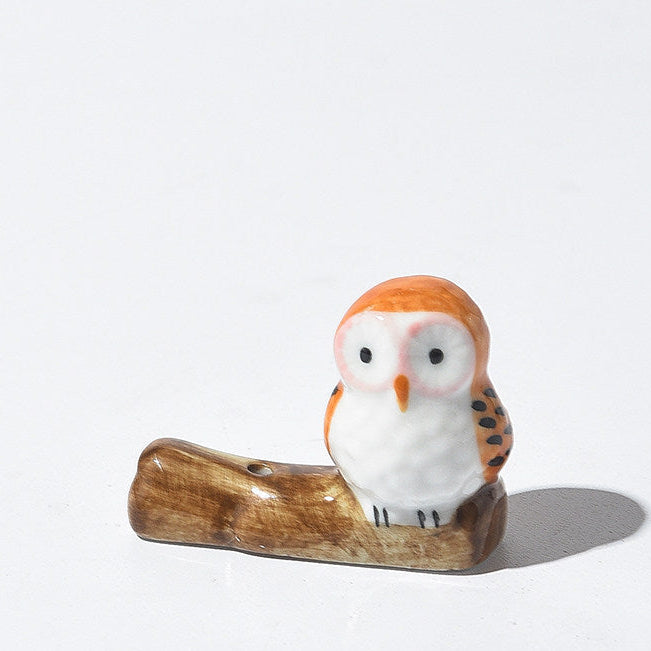 Ensemble porte-encens hibou en céramique : figurine peinte à la main et cendrier à carreau