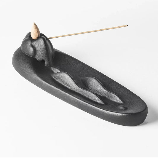 Mountain Ridge Ceramic Incense Holder  Matte Black Ash Catcher Tray