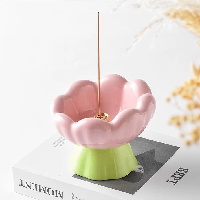 Bloom Flower Ceramic Incense Holder with 9-Hole Brass Insert