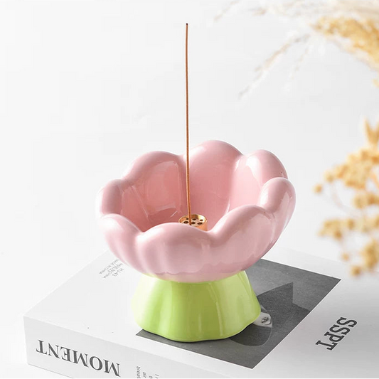 Bloom Flower Ceramic Incense Holder with 9-Hole Brass Insert