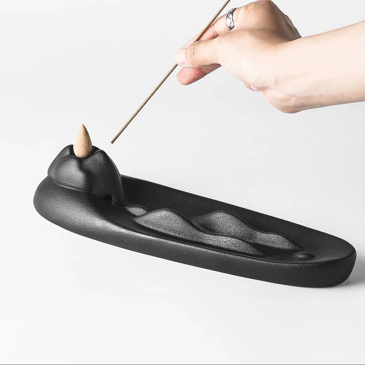 Mountain Ridge Ceramic Incense Holder  Matte Black Ash Catcher Tray