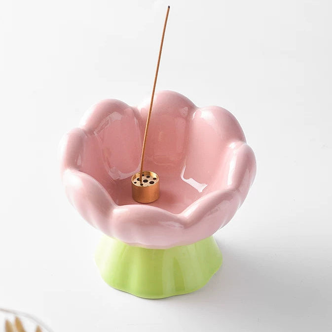 Bloom Flower Ceramic Incense Holder with 9-Hole Brass Insert