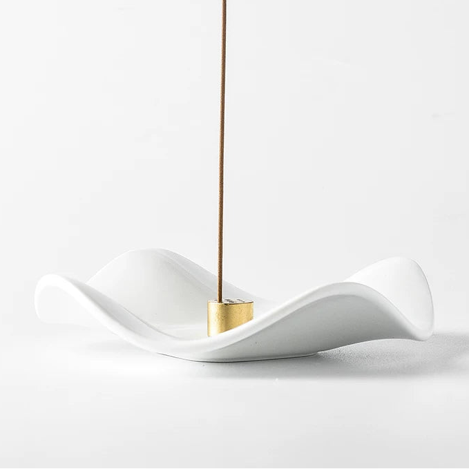 Minimalist Wave Ceramic Incense Tray with 9-Hole Brass Insert