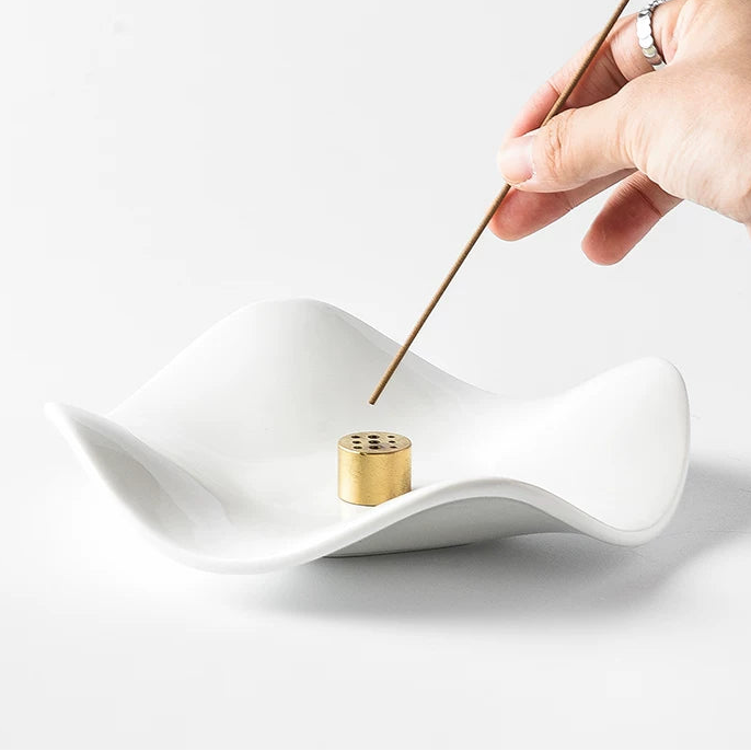 Minimalist Wave Ceramic Incense Tray with 9-Hole Brass Insert