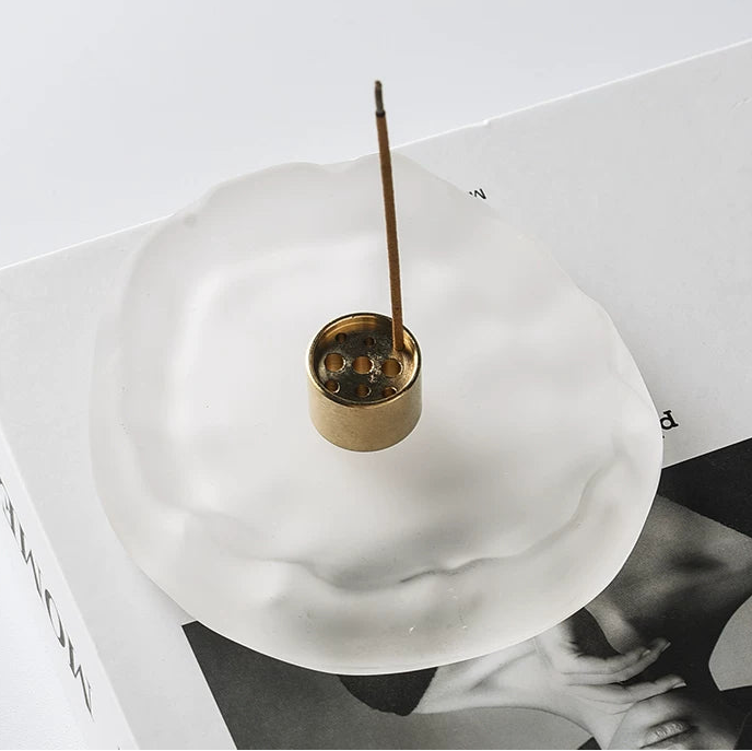 Hand-Blown Wavy Glass Incense Holder with 9-Hole Brass Insert