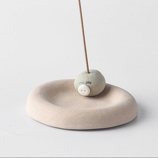Ensemble de porte-encens en céramique Petit Cochon Mignon | Cendrier Wabi-Sabi