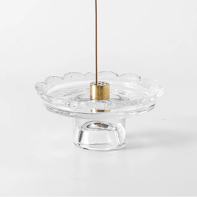 Vintage Scalloped Glass Incense Holder with 9-Hole Brass Insert