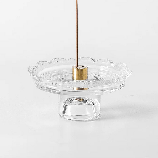 Vintage Scalloped Glass Incense Holder with 9-Hole Brass Insert