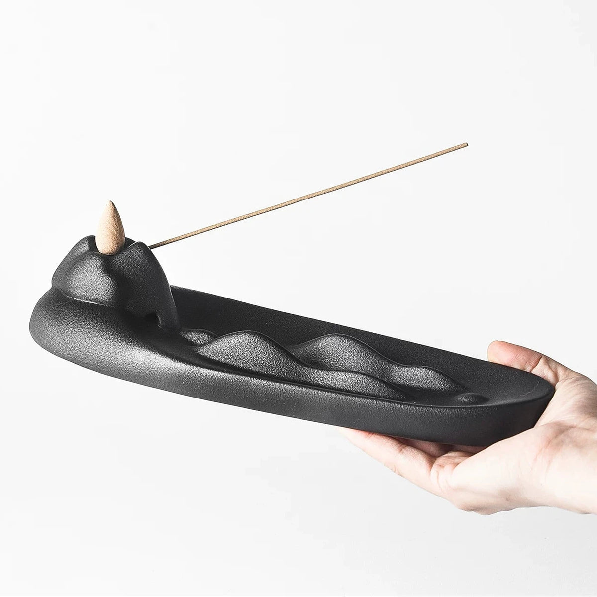 Mountain Ridge Ceramic Incense Holder  Matte Black Ash Catcher Tray