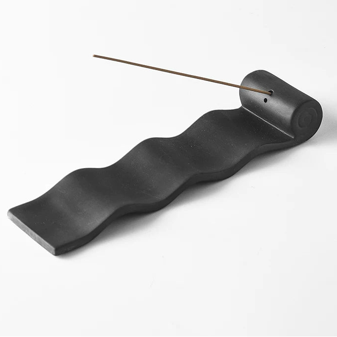 Black Wave Ceramic Incense Holder | Minimalist Scroll Burner