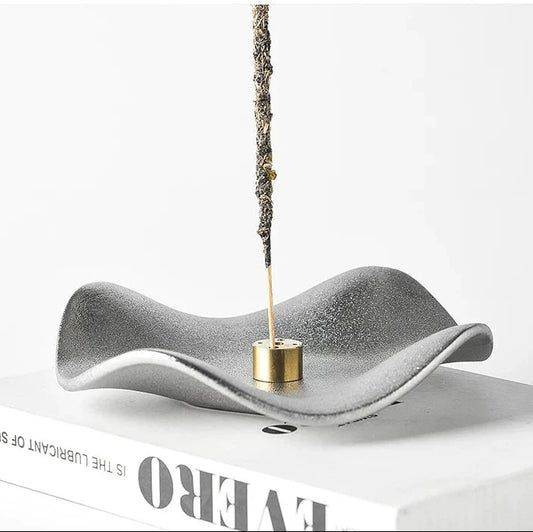 Wave Ceramic Incense Burner Dish with 5-Hole Insert  Matte Silver
