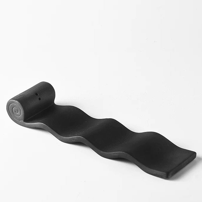 Black Wave Ceramic Incense Holder | Minimalist Scroll Burner