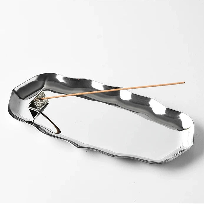 Liquid Wave Stainless Steel Incense Tray Set  Mirror Polish Ash Catcher